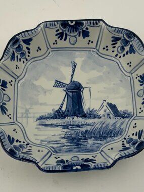 Hand Painted Delft Blue Windmill Square Trinket Dish Scalloped Edges Signed G.S.